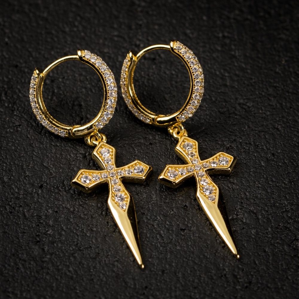 Mens 14K Gold Dagger Hanging Hoop Earrings